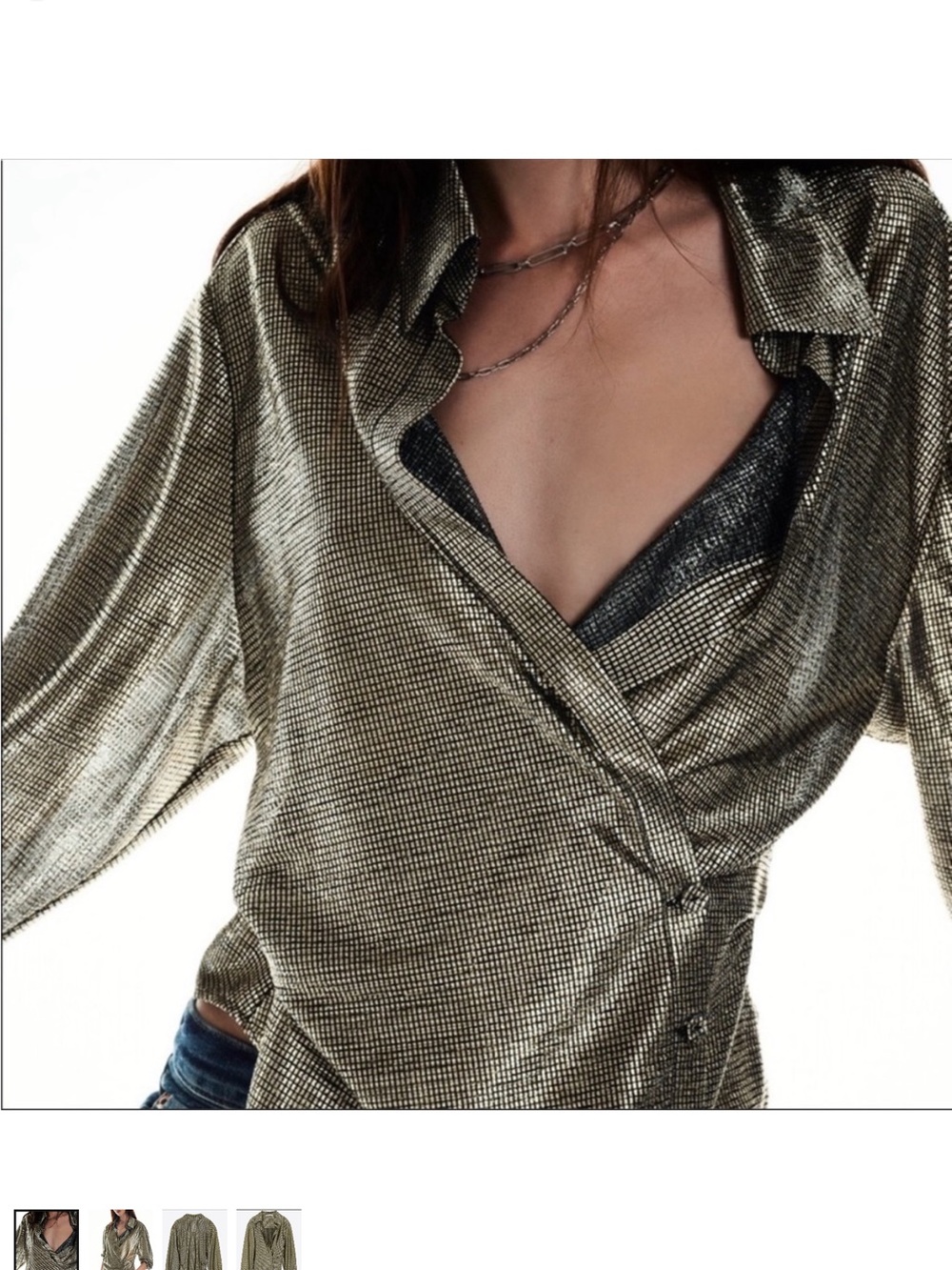 Zara Metallic Gold Wrap-Style Button Down Shirt